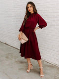 DressBetty - Elegant Office Dress Formal Loose Green Long Sleeve Belt A-Line Midi Dresses