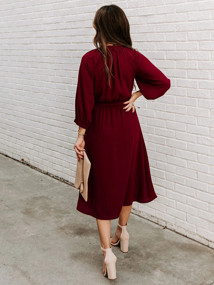 Gathered Mock Neck Lantern Sleeve Tie Waist A-Line Midi Dress