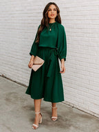 Gathered Mock Neck Lantern Sleeve Tie Waist A-Line Midi Dress