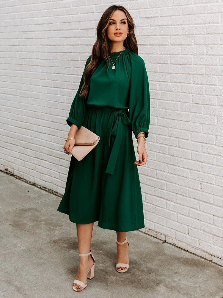 Gathered Mock Neck Lantern Sleeve Tie Waist A-Line Midi Dress