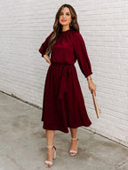 Gathered Mock Neck Lantern Sleeve Tie Waist A-Line Midi Dress