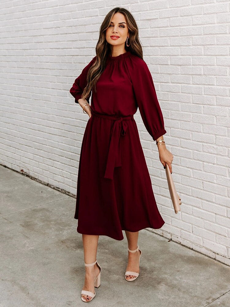 Gathered Mock Neck Lantern Sleeve Tie Waist A-Line Midi Dress