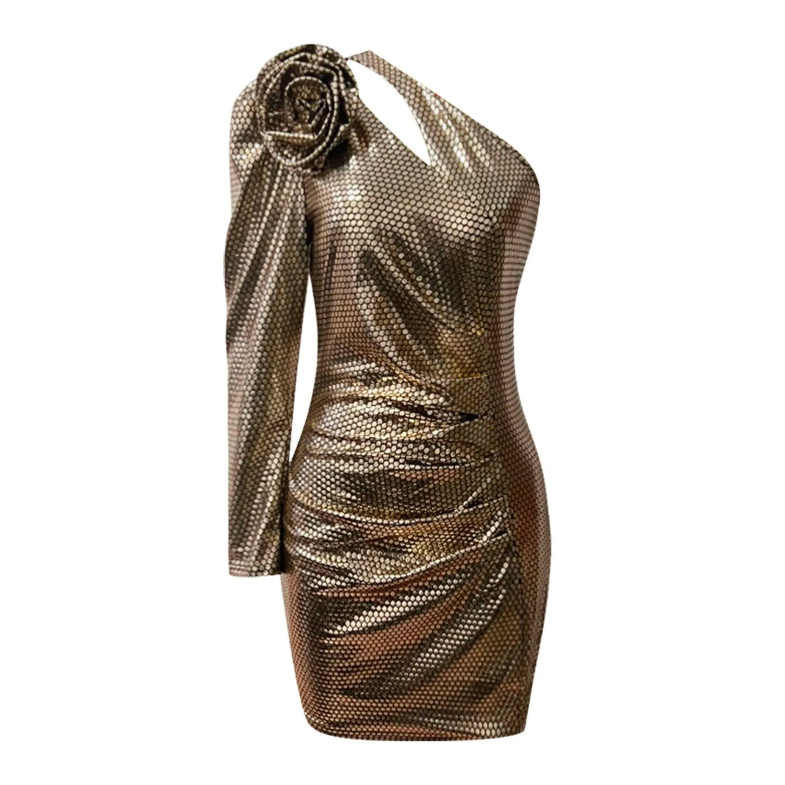 One Shoulder Puff Sleeve Cutout Ruched Sequin Bodycon Mini Dress