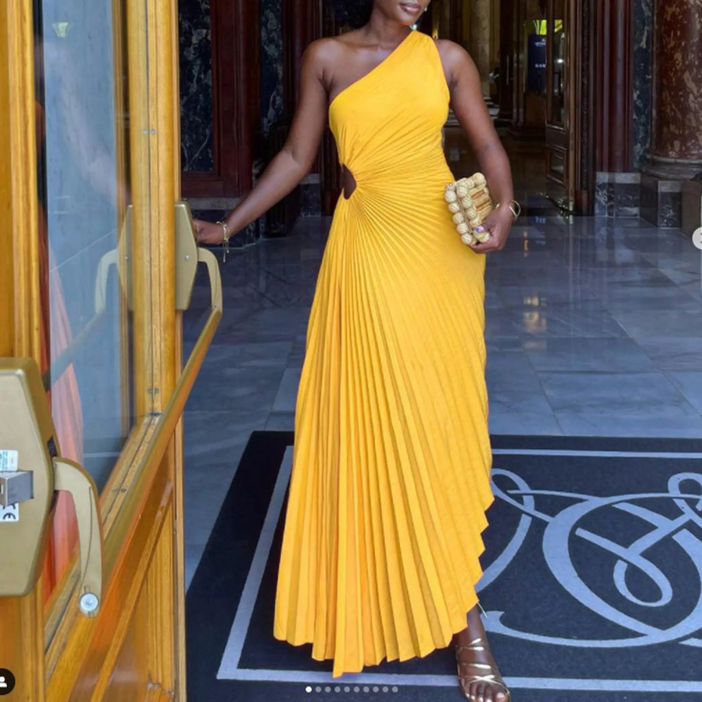 Elegant One Shoulder Pleated Simple Sleeveless High Waist Long Formal Party Summer Casual Dress
