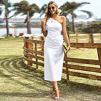 One Shoulder Puff Sleeve Waist Cut Out High Split Midi Dress