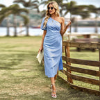 One Shoulder Puff Sleeve Waist Cut Out High Split Midi Dress