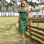 One Shoulder Puff Sleeve Waist Cut Out High Split Midi Dress