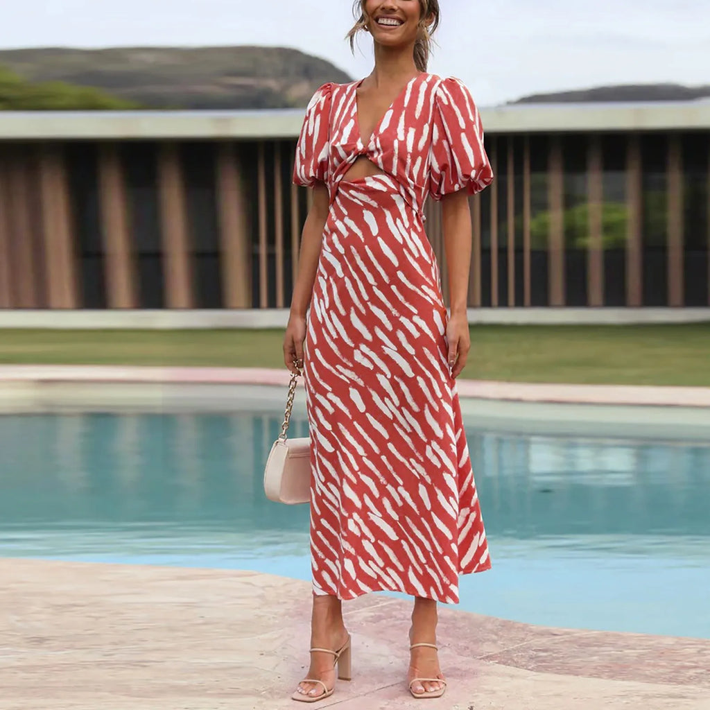 Stripe Print V Neck Puff Sleeve Cutout Waist Midi Dress