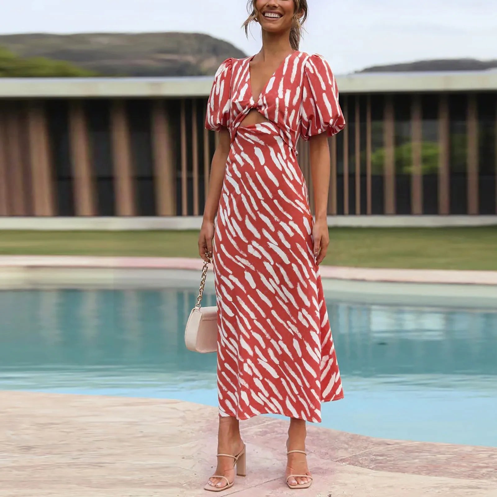Stripe Print V Neck Puff Sleeve Cutout Waist Midi Dress