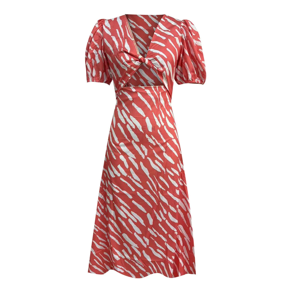Stripe Print V Neck Puff Sleeve Cutout Waist Midi Dress