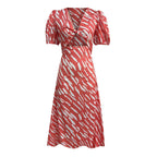 Stripe Print V Neck Puff Sleeve Cutout Waist Midi Dress