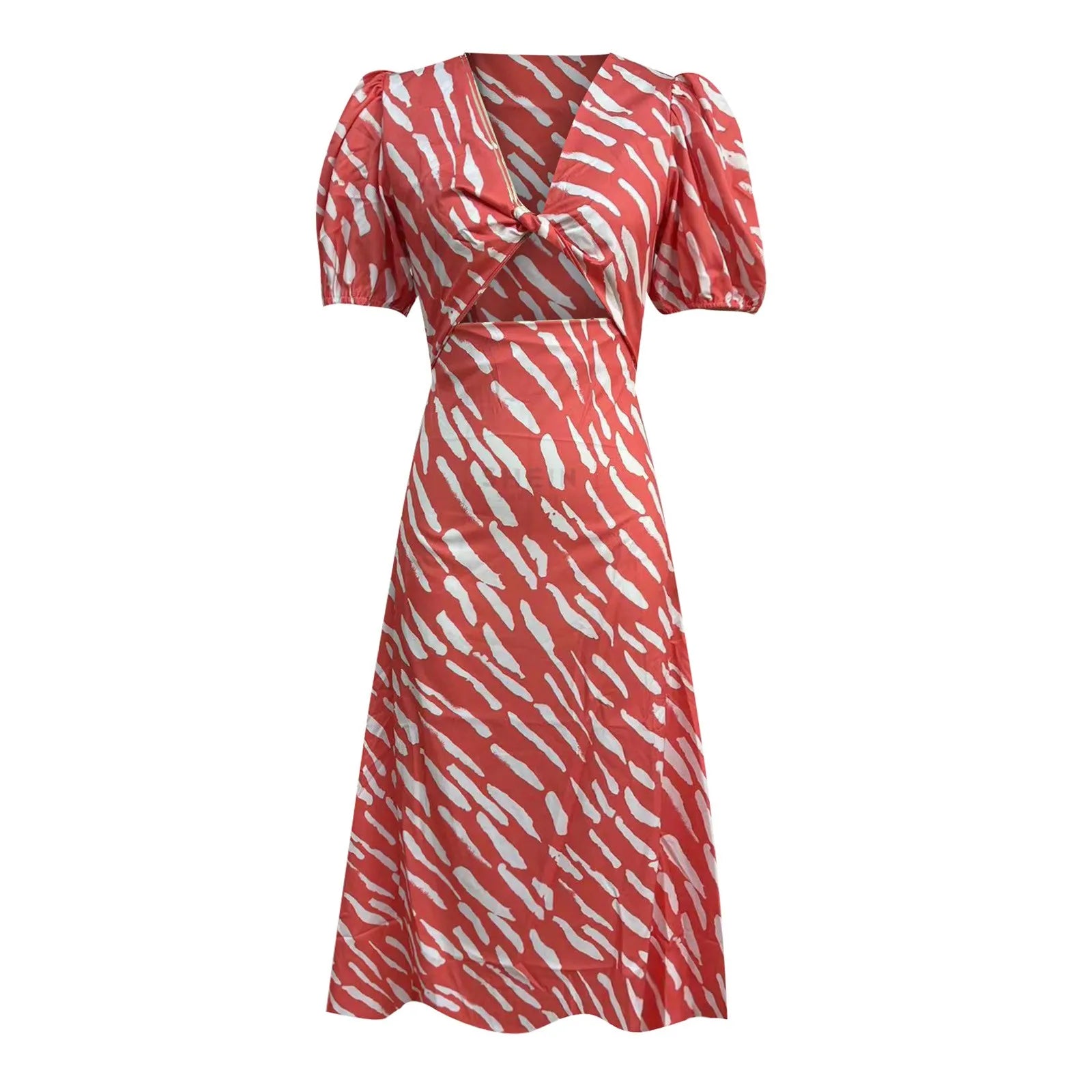 Stripe Print V Neck Puff Sleeve Cutout Waist Midi Dress
