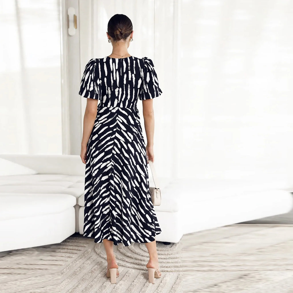 Stripe Print V Neck Puff Sleeve Cutout Waist Midi Dress