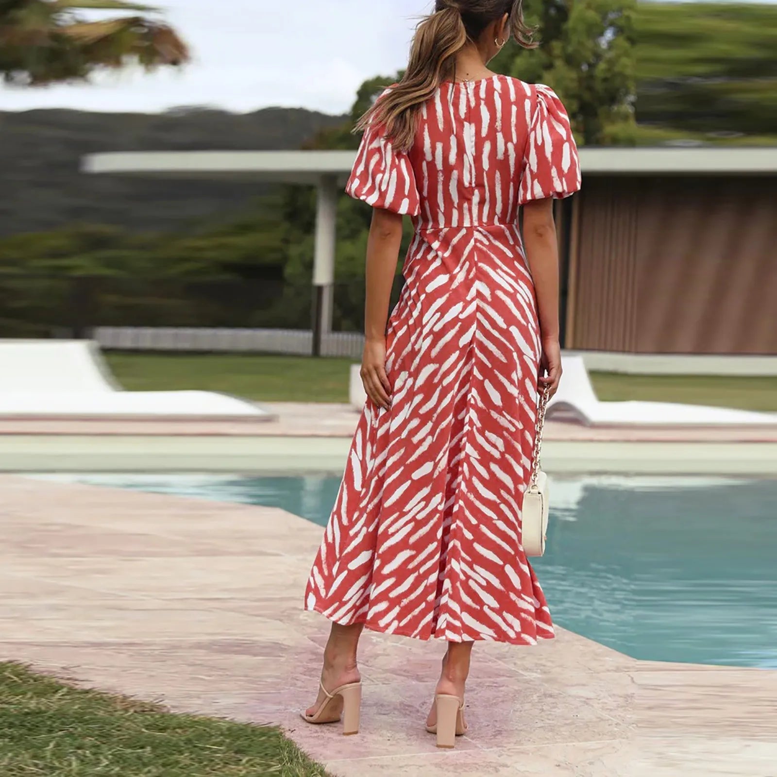 Stripe Print V Neck Puff Sleeve Cutout Waist Midi Dress