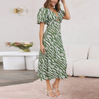 Stripe Print V Neck Puff Sleeve Cutout Waist Midi Dress