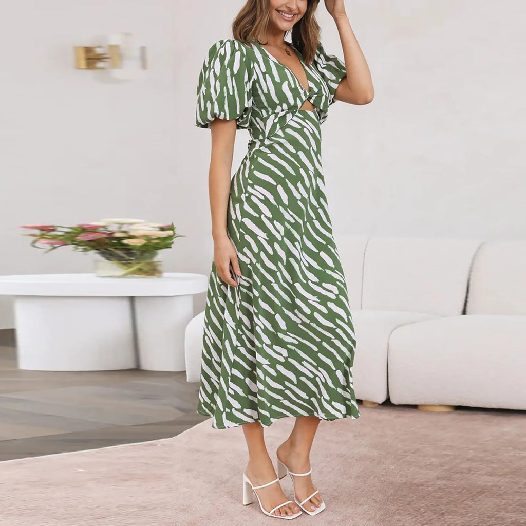 Stripe Print V Neck Puff Sleeve Cutout Waist Midi Dress