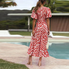 Stripe Print V Neck Puff Sleeve Cutout Waist Midi Dress