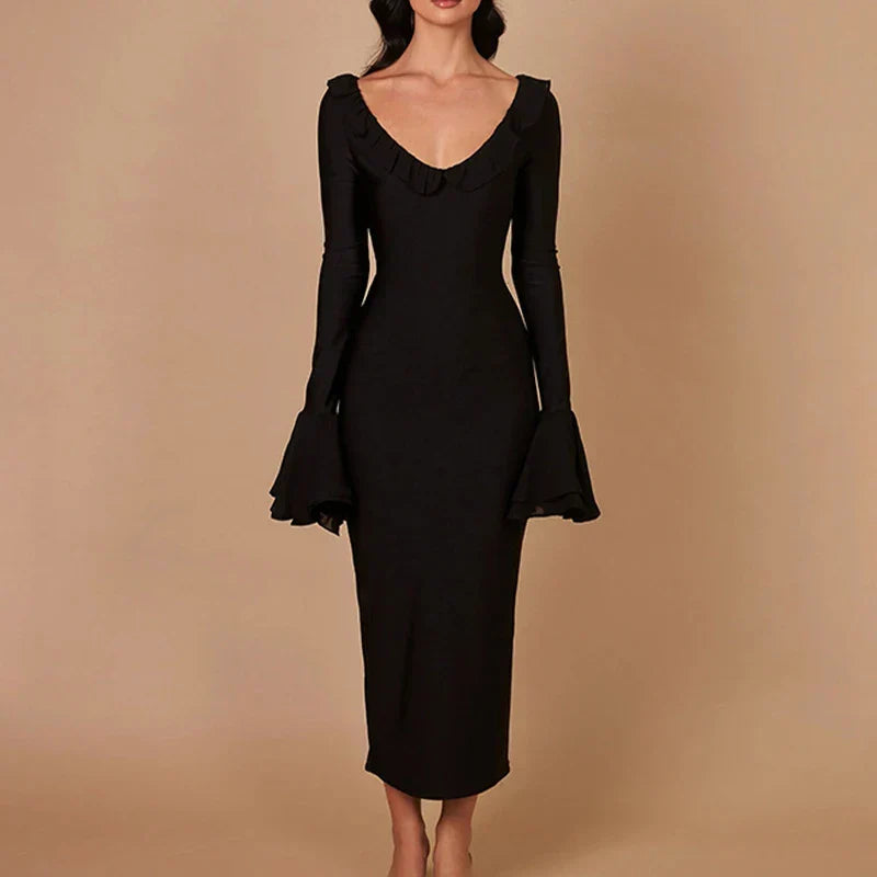 Scoop Neck Tiered Flounce Cuff Bodycon Maxi Dress