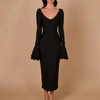 Scoop Neck Tiered Flounce Cuff Bodycon Maxi Dress
