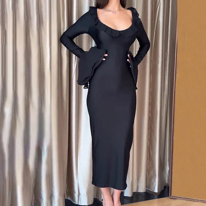 Scoop Neck Tiered Flounce Cuff Bodycon Maxi Dress