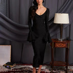 Scoop Neck Tiered Flounce Cuff Bodycon Maxi Dress