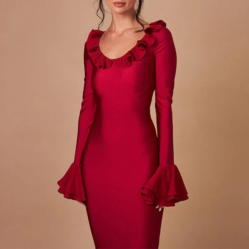 Scoop Neck Tiered Flounce Cuff Bodycon Maxi Dress