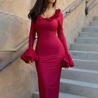 Scoop Neck Tiered Flounce Cuff Bodycon Maxi Dress
