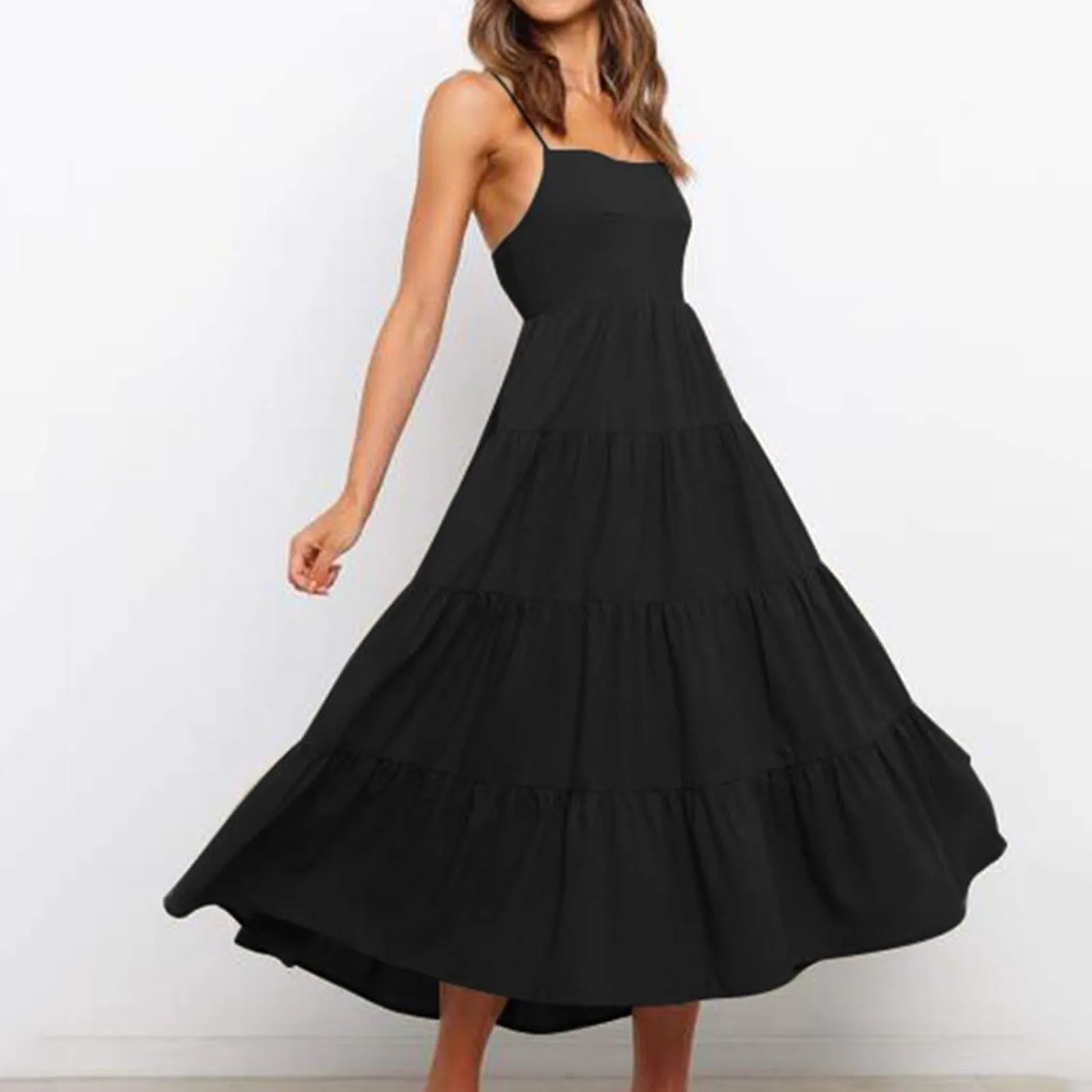 Spaghetti Strap Square Neck Tiered Ruffle A-Line Midi Dress