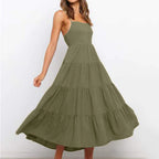 Spaghetti Strap Square Neck Tiered Ruffle A-Line Midi Dress