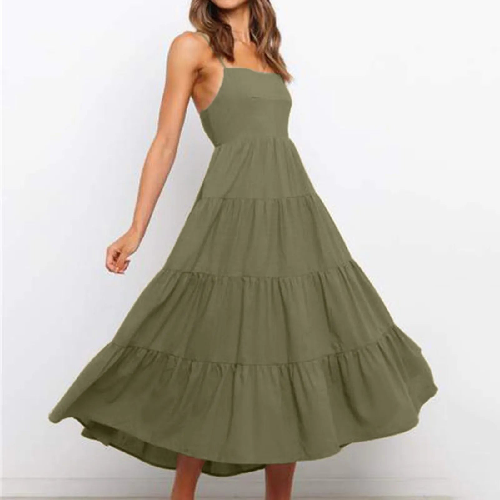 Spaghetti Strap Square Neck Tiered Ruffle A-Line Midi Dress