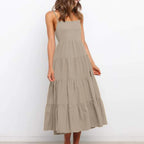 Spaghetti Strap Square Neck Tiered Ruffle A-Line Midi Dress