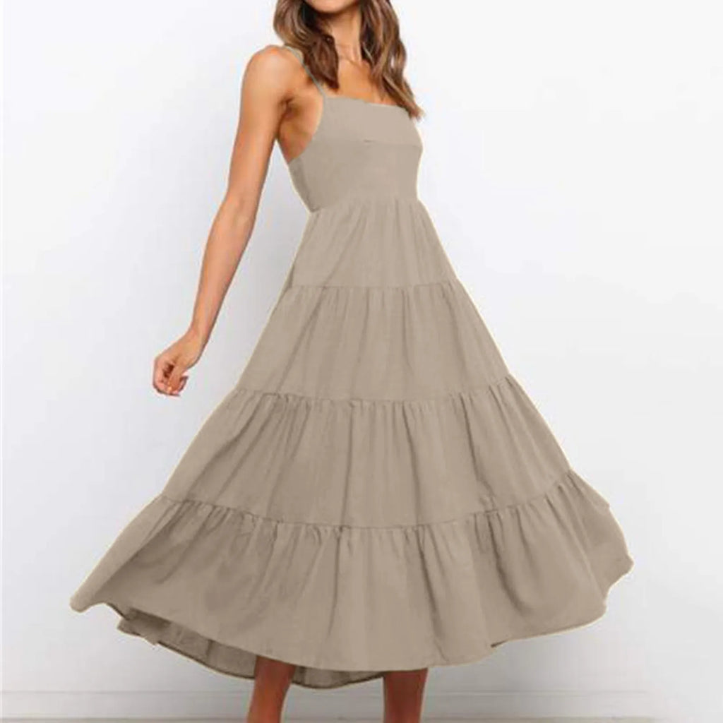 Spaghetti Strap Square Neck Tiered Ruffle A-Line Midi Dress