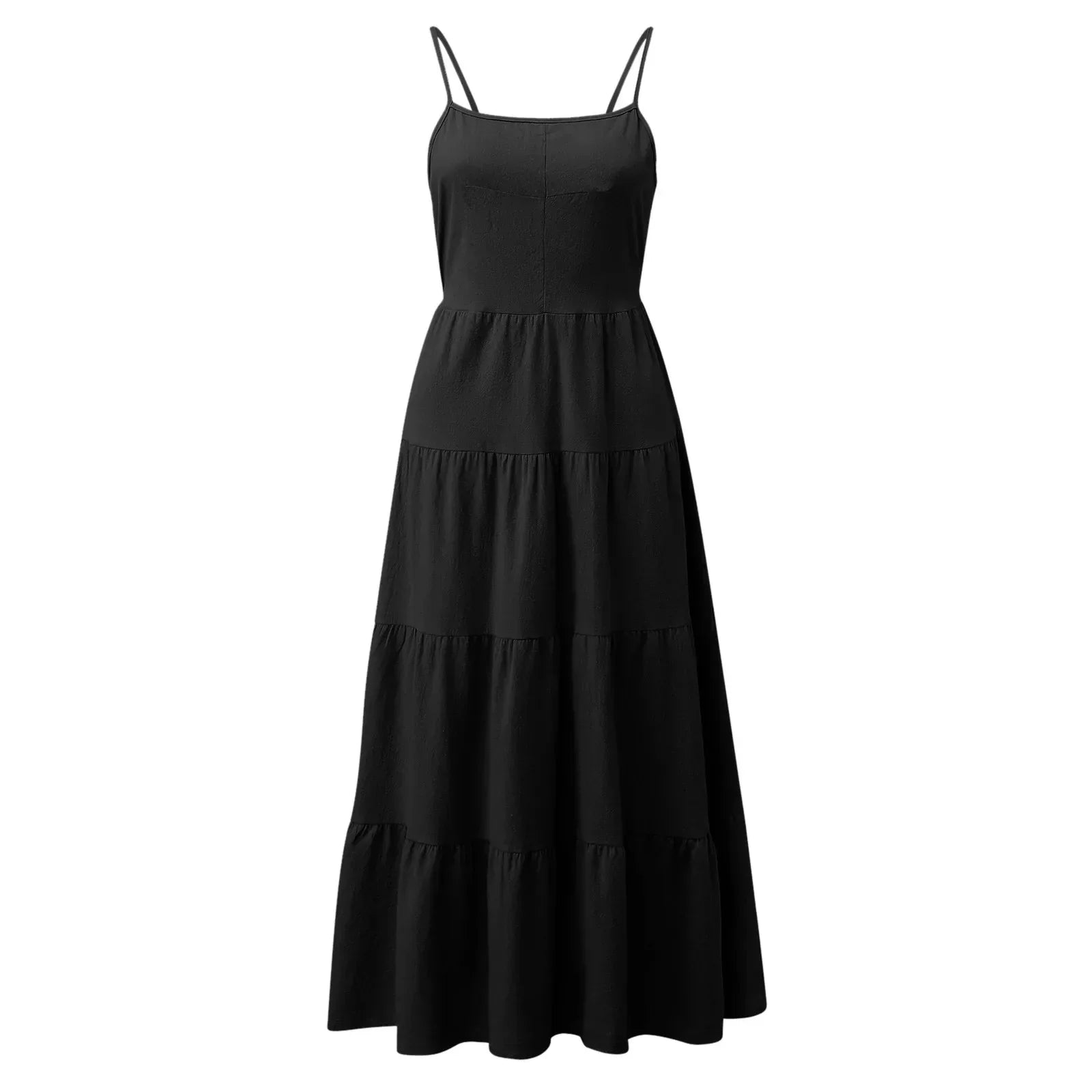 Spaghetti Strap Square Neck Tiered Ruffle A-Line Midi Dress