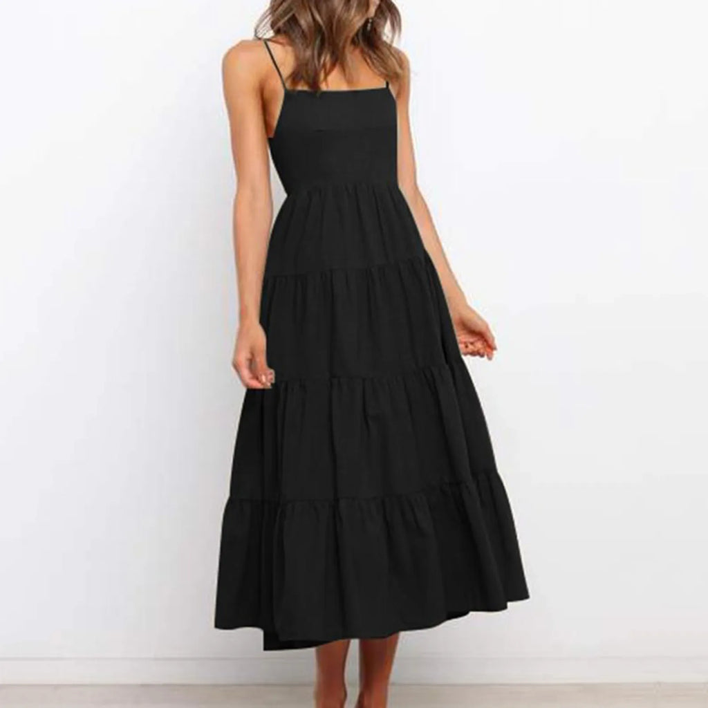 Spaghetti Strap Square Neck Tiered Ruffle A-Line Midi Dress