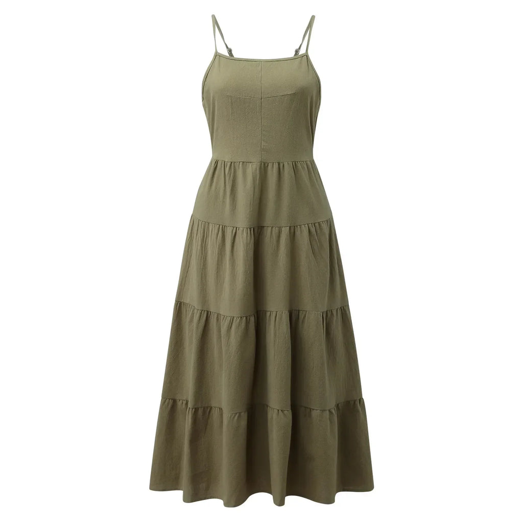 Spaghetti Strap Square Neck Tiered Ruffle A-Line Midi Dress