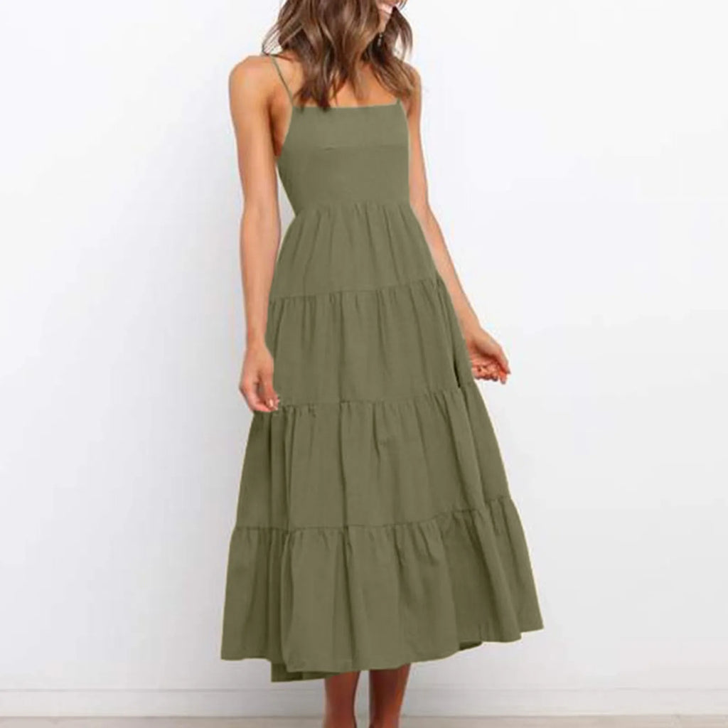 Spaghetti Strap Square Neck Tiered Ruffle A-Line Midi Dress