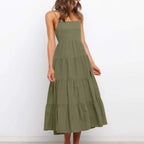 Spaghetti Strap Square Neck Tiered Ruffle A-Line Midi Dress