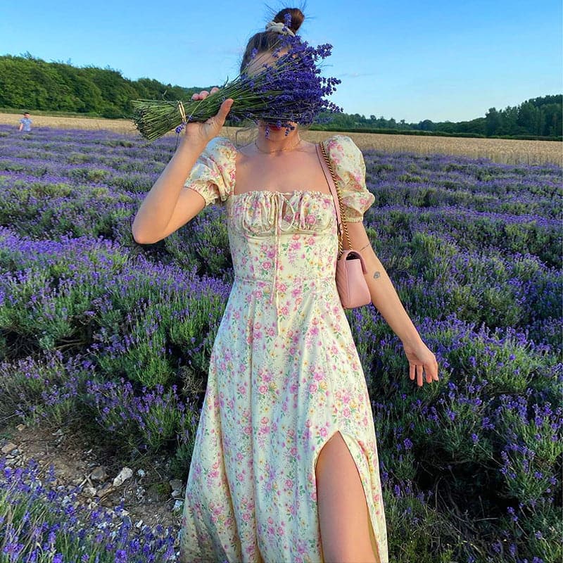 Square Neck Puff Sleeve Tie Front Ditsy Floral High Slit Midi Dress