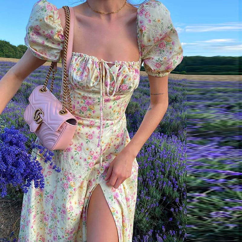 Square Neck Puff Sleeve Tie Front Ditsy Floral High Slit Midi Dress