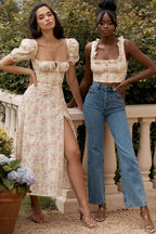Square Neck Puff Sleeve Tie Front Ditsy Floral High Slit Midi Dress