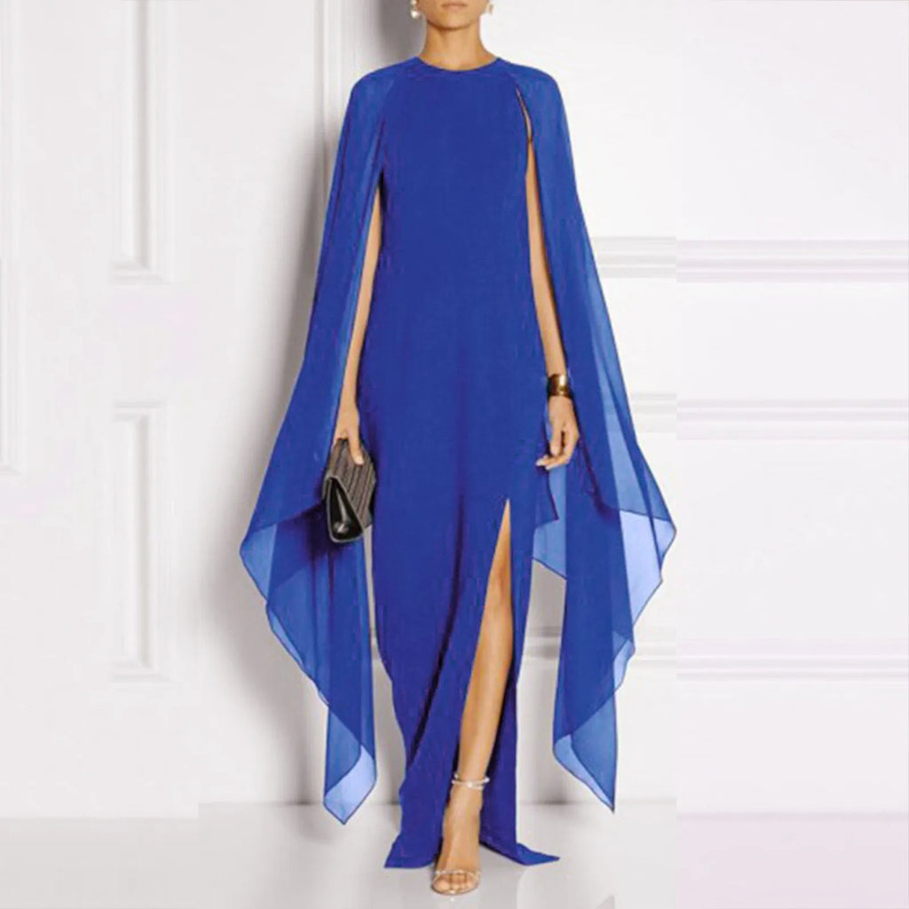 Sheer Cape Sleeve Round Neck High Split Maxi Gown