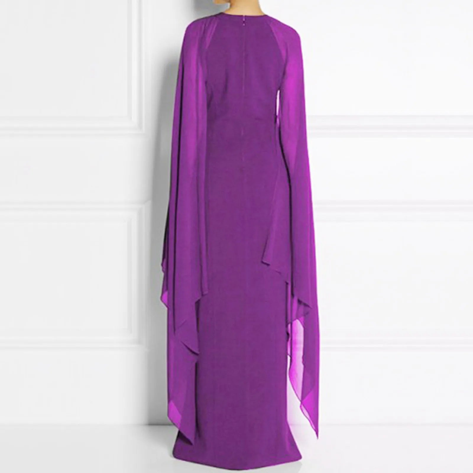 Sheer Cape Sleeve Round Neck High Split Maxi Gown