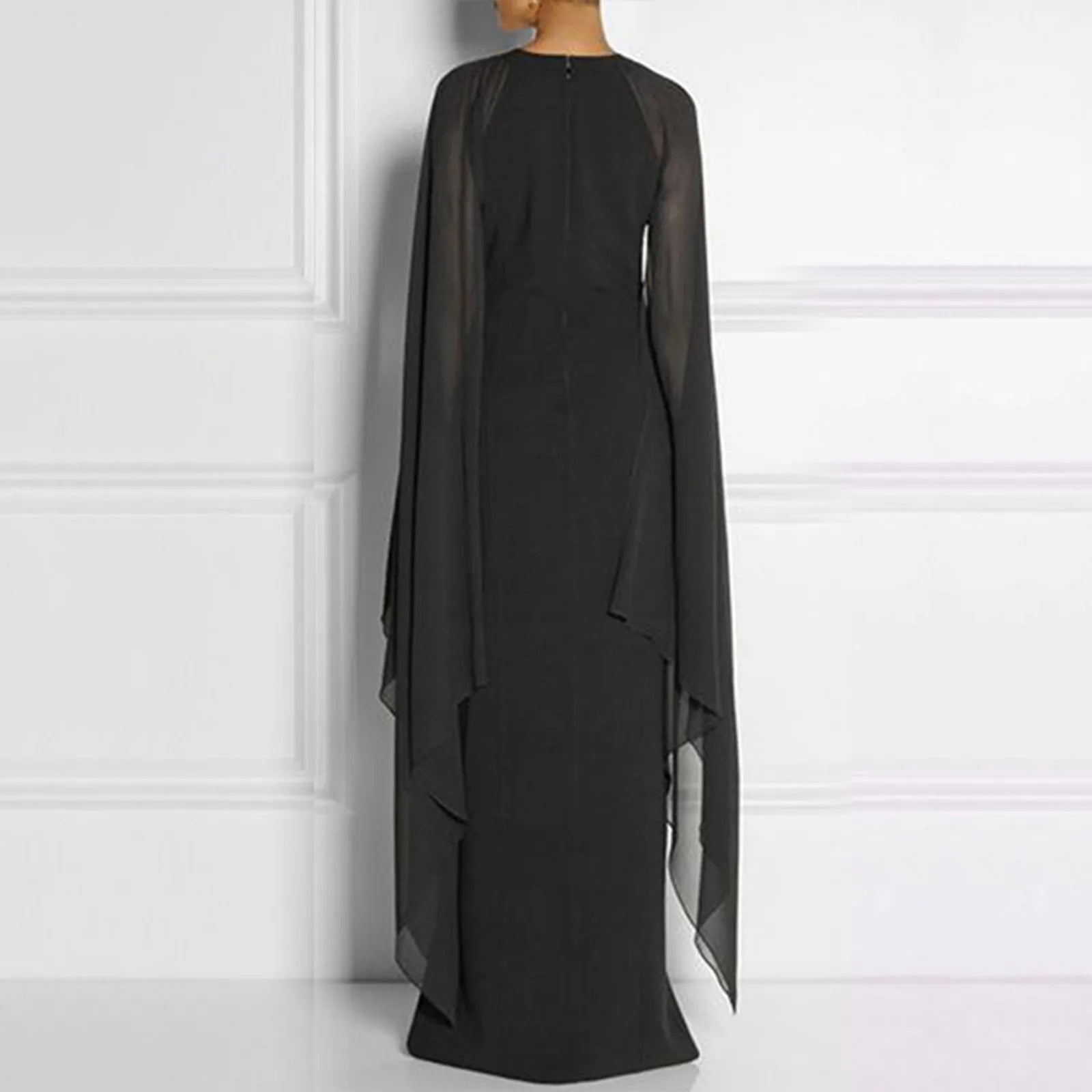 Sheer Cape Sleeve Round Neck High Split Maxi Gown