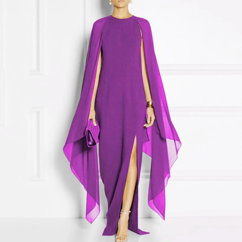 Sheer Cape Sleeve Round Neck High Split Maxi Gown
