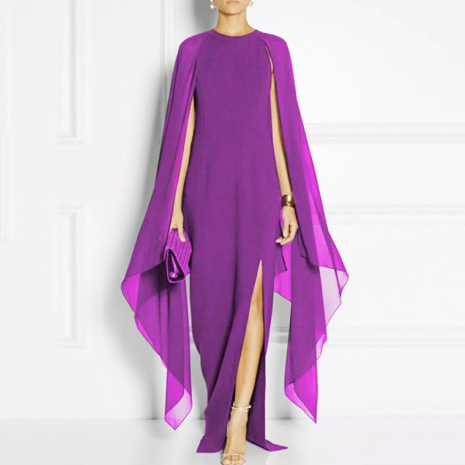 Sheer Cape Sleeve Round Neck High Split Maxi Gown