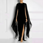 Sheer Cape Sleeve Round Neck High Split Maxi Gown
