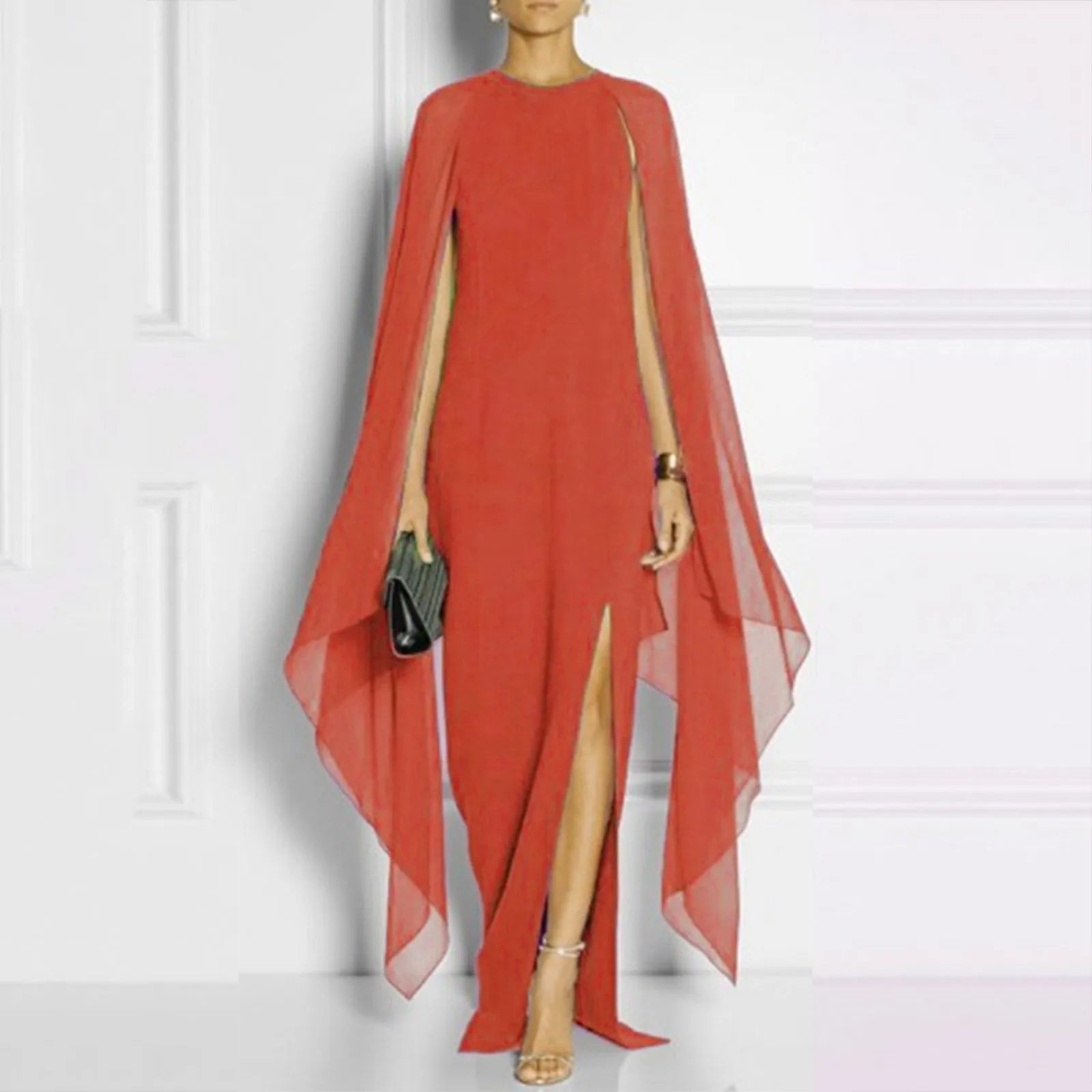 Sheer Cape Sleeve Round Neck High Split Maxi Gown