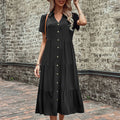 V-Neck Collar Button Front Tiered Midi Shirt Dress