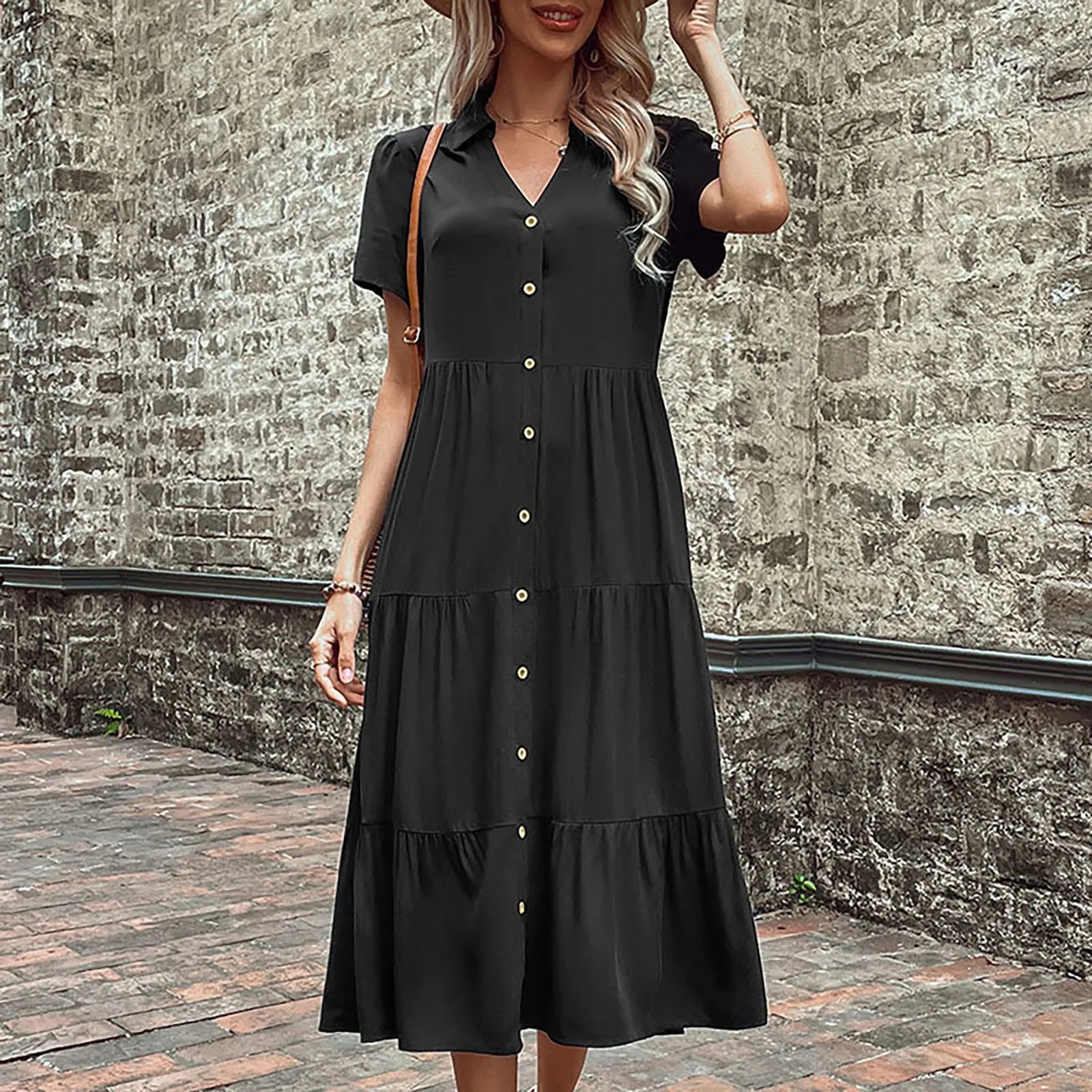V-Neck Collar Button Front Tiered Midi Shirt Dress