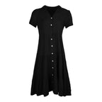 V-Neck Collar Button Front Tiered Midi Shirt Dress